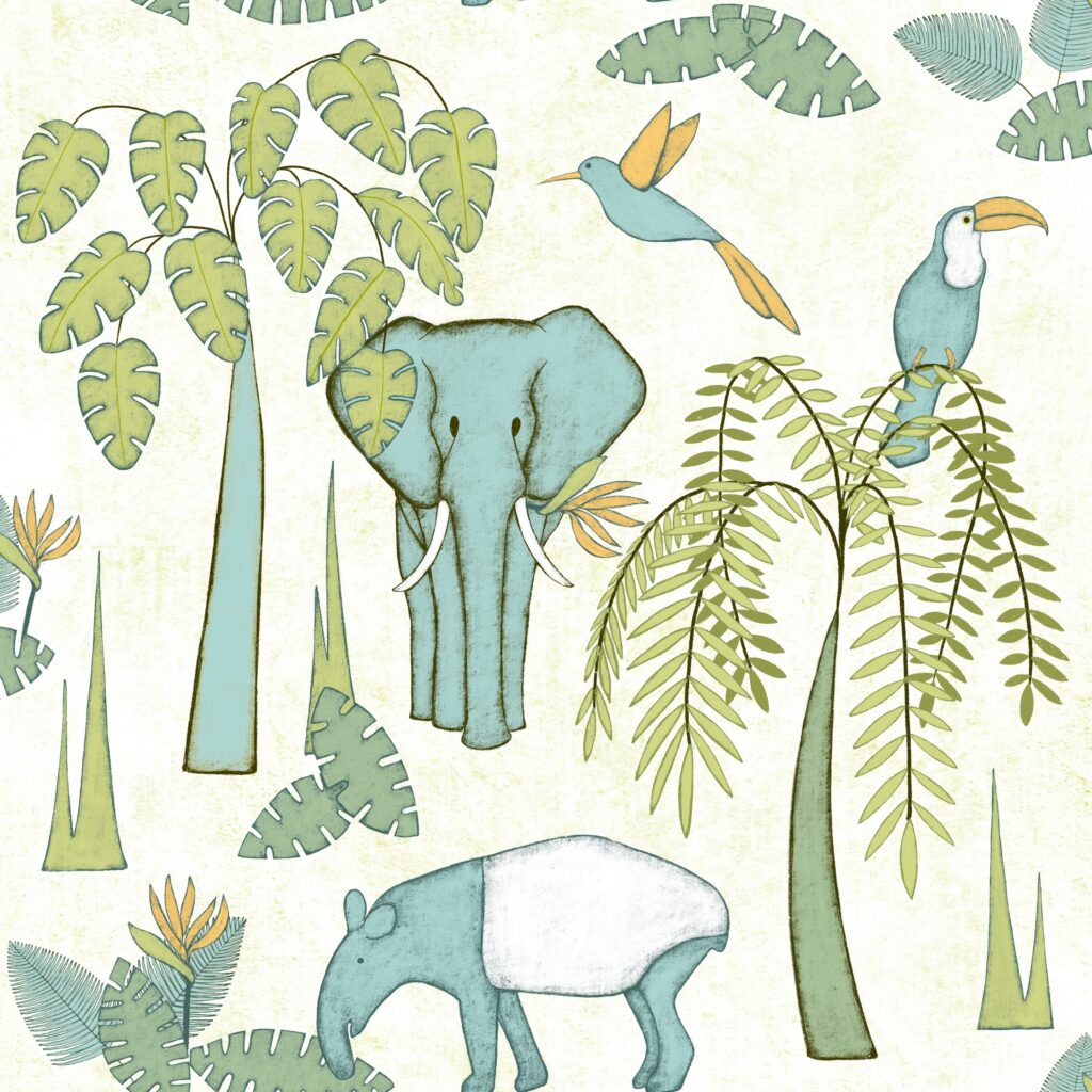 A jungle scene with a blue elephant, tapir, toucan and bird.