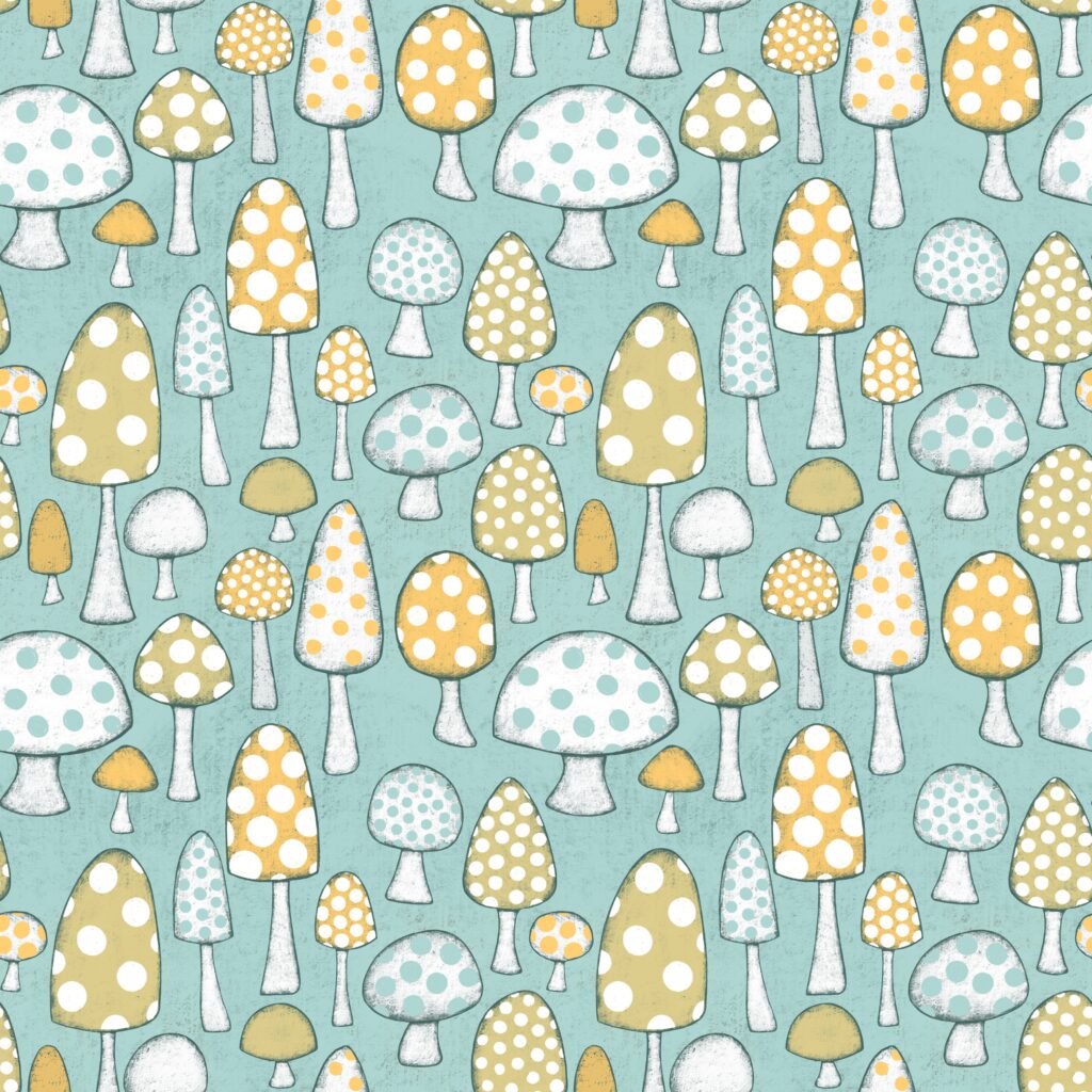 Mushrooms with spots in blue, yellow and white on a blue background.