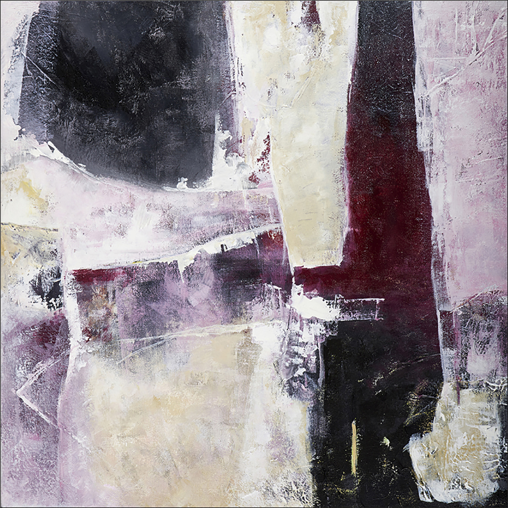 An abstract painting in black, red, pink and cream