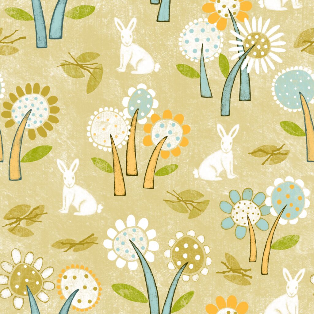 Spotty flowers in blue, white and yellow, with fallen leaves and twigs and little white rabbits on a yellow background.