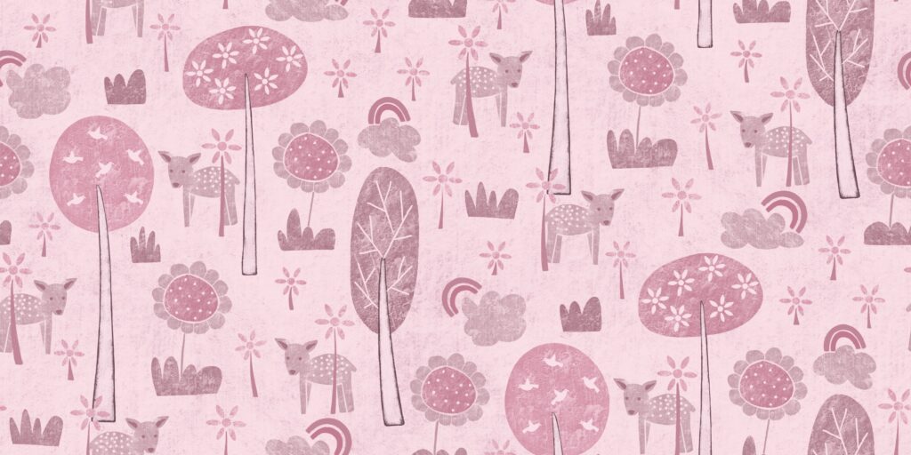 A monochromatic design in pinks with trees, fawns, flowers and clouds and rainbows