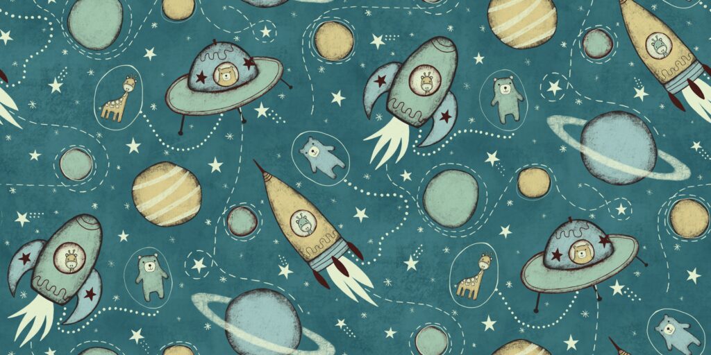 A childrens space design, featuring spaceships and rockets, planets and bears in turquoise, yellow and green